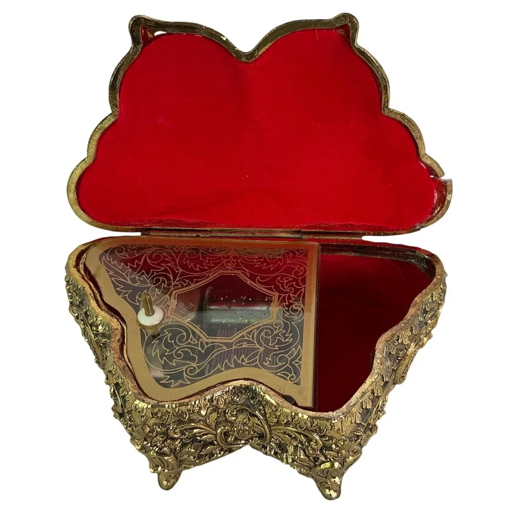 Vintage Japan Butterfly Music Box Gold Filigree Red Velvet Jewelry Trinket